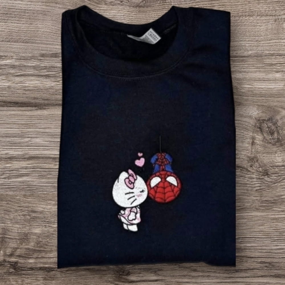 Hello Kitty Kissing Spiderman Embroidered Black #hellpkitty#spidermam